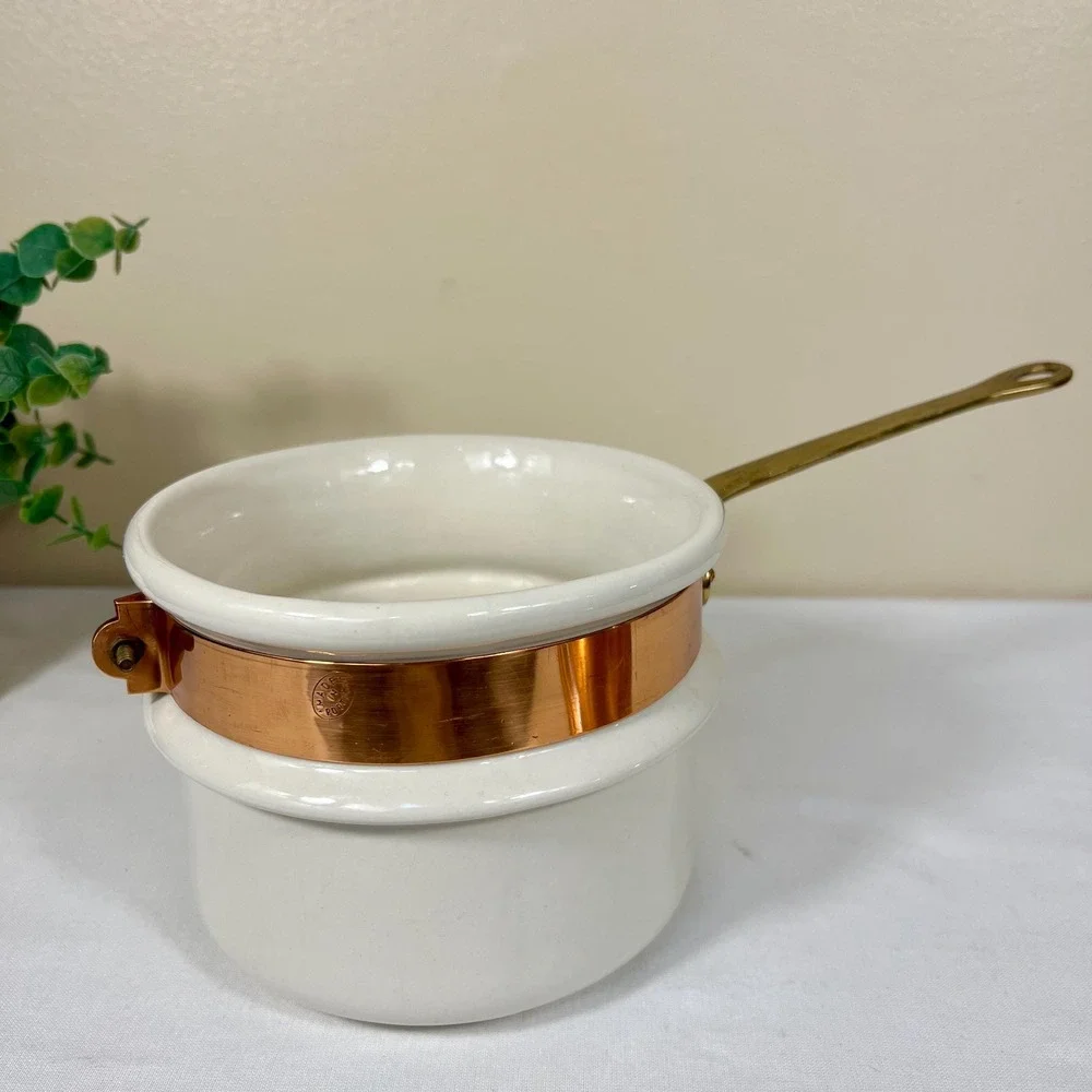 Vintage Copper Double Boiler With Brass Handles | 3 Piece Set
